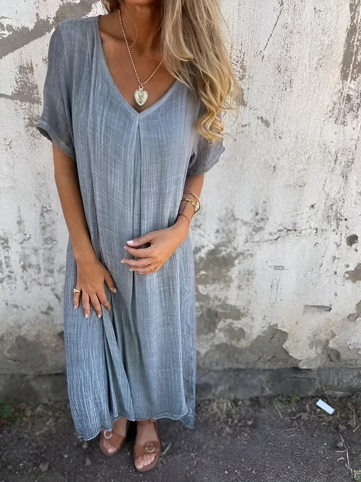 Lida™ | Lightweight Cotton-Linen V-Neck Dress