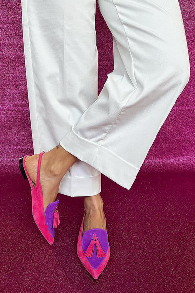 Frendessa | Colorful ballet flats with pompons and decorative ankle strap
