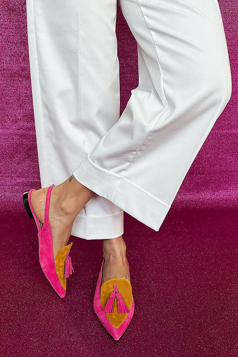 Frendessa | Colorful ballet flats with pompons and decorative ankle strap