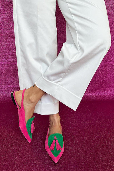 Frendessa | Colorful ballet flats with pompons and decorative ankle strap